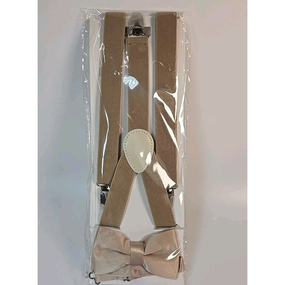 Toddler Tan Suspenders and‎ Satin Bow Tie Set - Boy's Wedding Church Dress-up